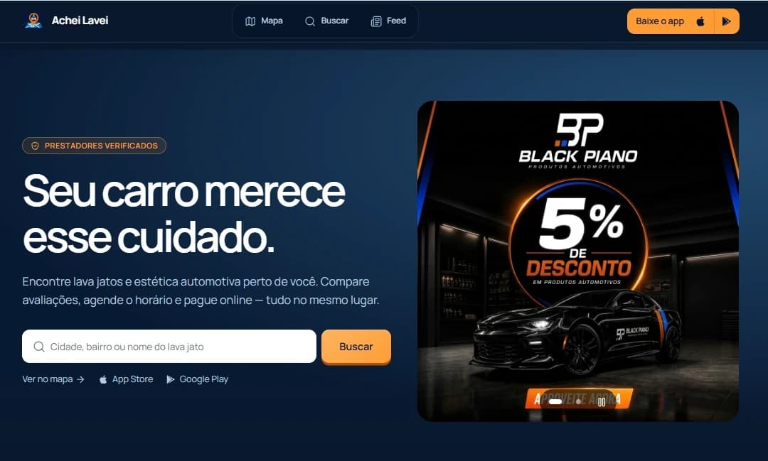 Tela inicial do sistema web Achei Lavei, com busca de lava jatos e anúncios de parceiros